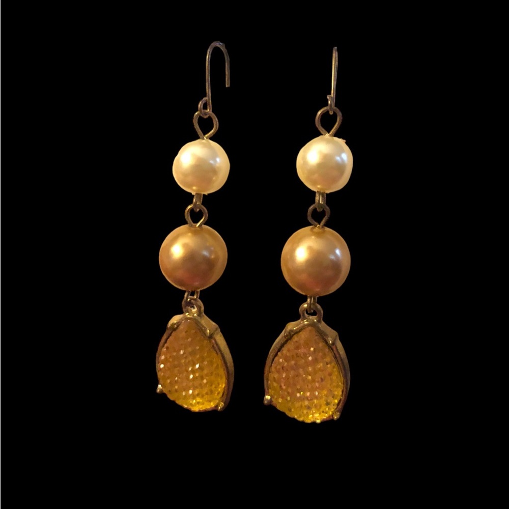 Gold Tone Dangle Earrings Faux‎ Pearl Yellow Acrylic Drop Warm Vintage Style